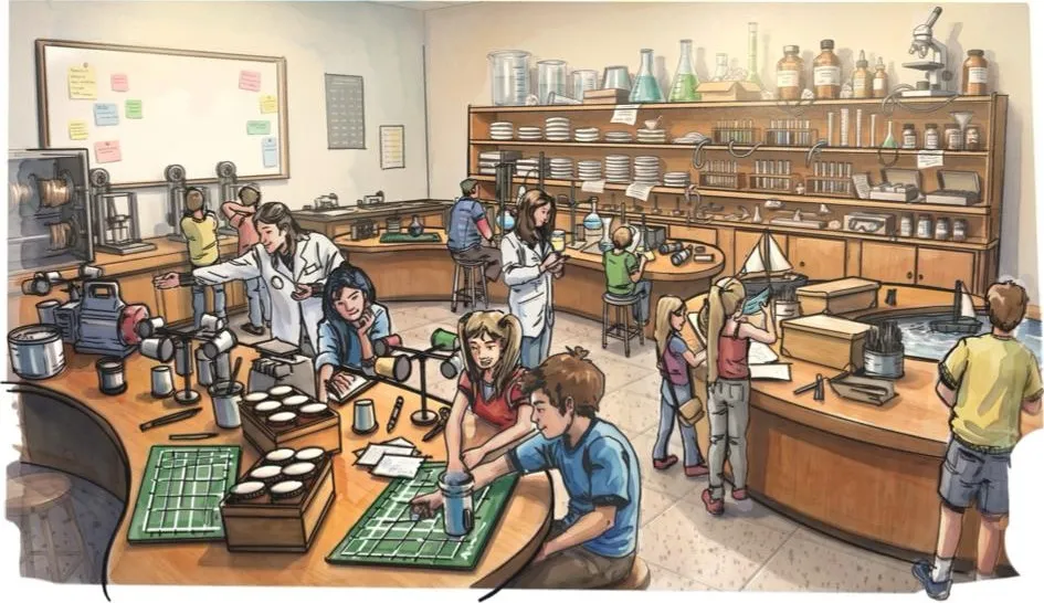 Illustrated concept of the Discovery Lab and Maker Space: students and educators in lab coats build and test experiments at wooden workbenches lined with glassware and tools