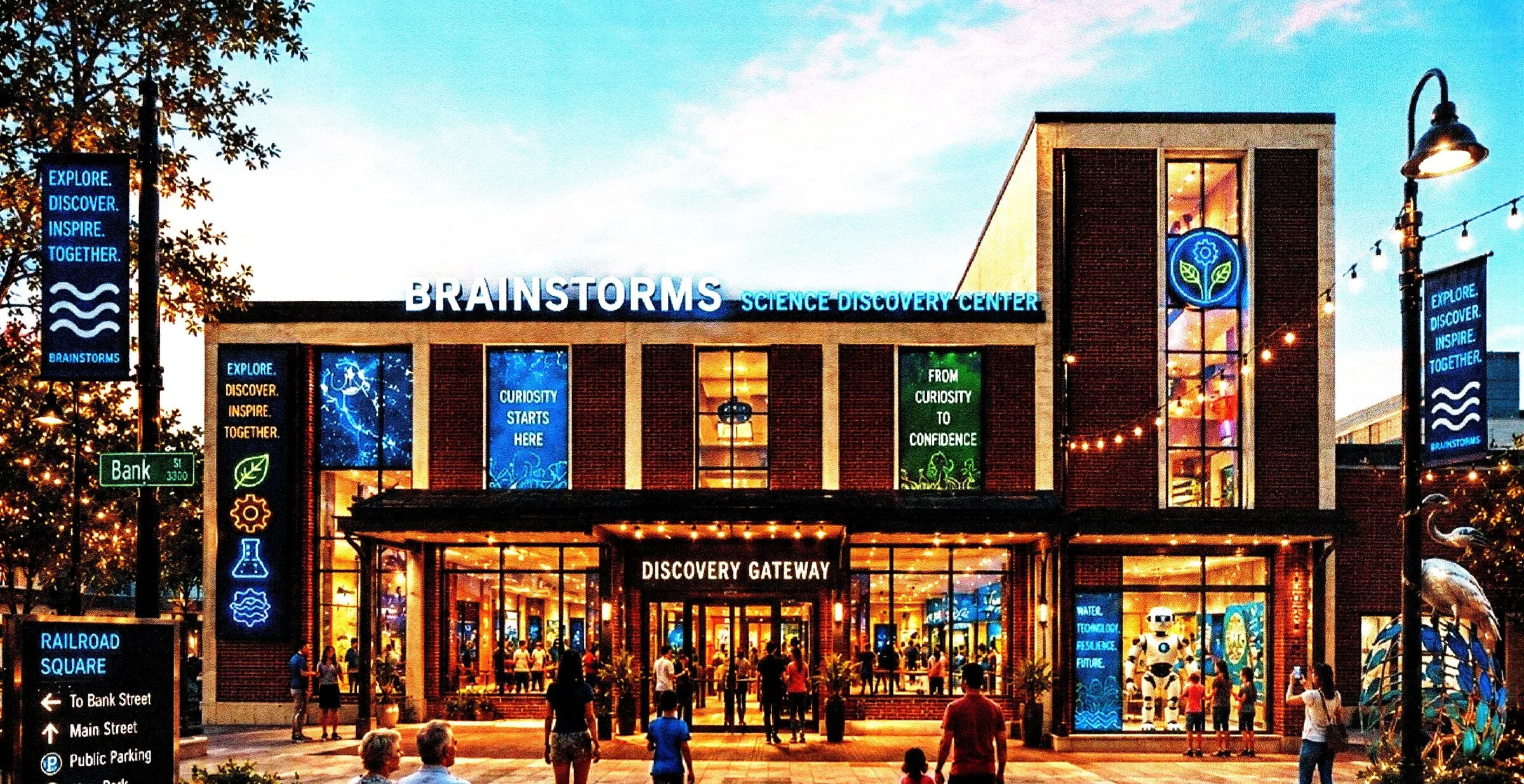 Conceptual rendering of the proposed Brainstorms Science Discovery Center facing Railroad Square downtown, with Explore, Discover, Inspire, Together banners and a wayfinding sign to Bank Street and Main Street