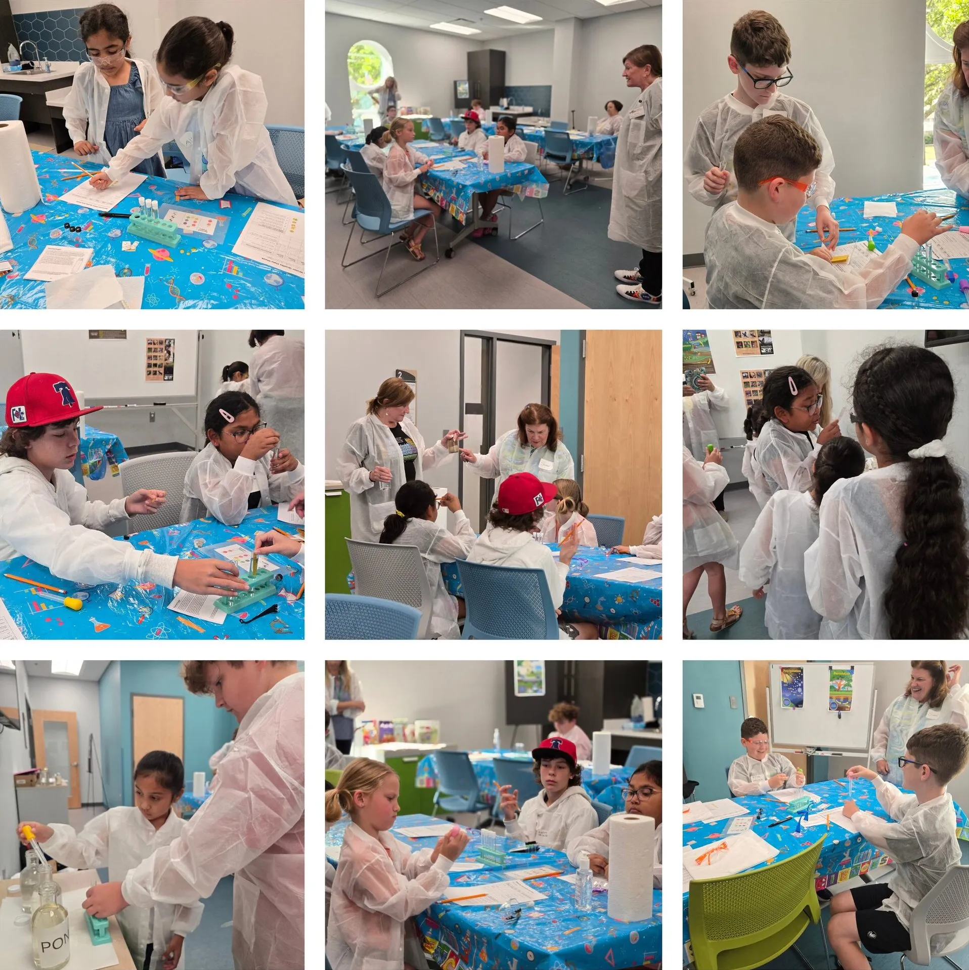A grid of nine photos from a group program: students in lab coats run experiments at tables with educators guiding them